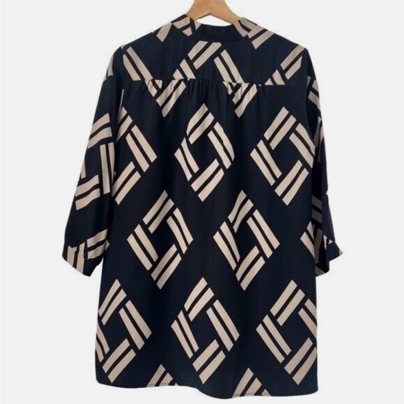 Amanda Uprichard Womens 80’s Geometric Black + Cream 100% Silk Tunic Top Blouse - Picture 3 of 6